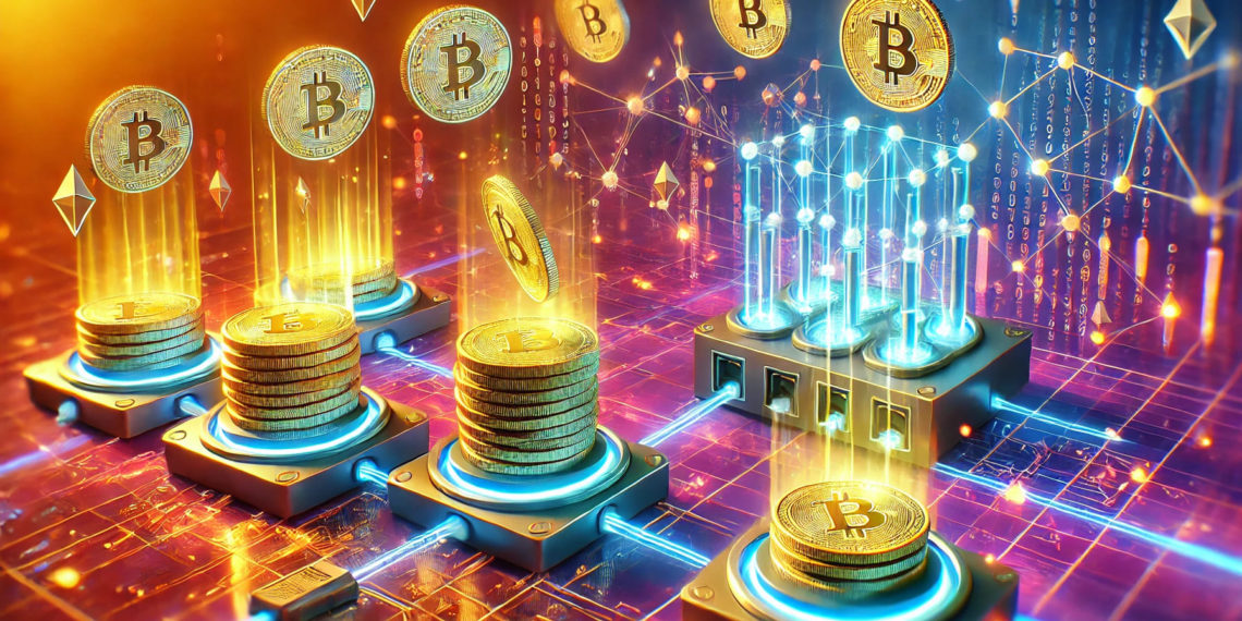 DALLE 2024-10-04 111503 - A vibrant and dynamic scene showing a blockchain network secured by staking In the foreground coins or tokens are being staked represented as digit 1 | 動區動趨-最具影響力的區塊鏈新聞媒體 思考》質押獎勵是不是區塊鏈的隱形成本?