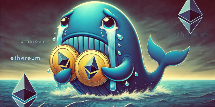 DALLE 2024-10-26 183831 - A dramatic 2_1 aspect ratio banner image illustrating a large whale holding Ethereum ETH symbols while shedding large cartoon-like tears conveying 1 | 動區動趨-最具影響力的區塊鏈新聞媒體 ETH / BTC 最大多頭巨鯨疑「認賠拋售2萬枚」以太坊,Vitalik 罕見信心喊話