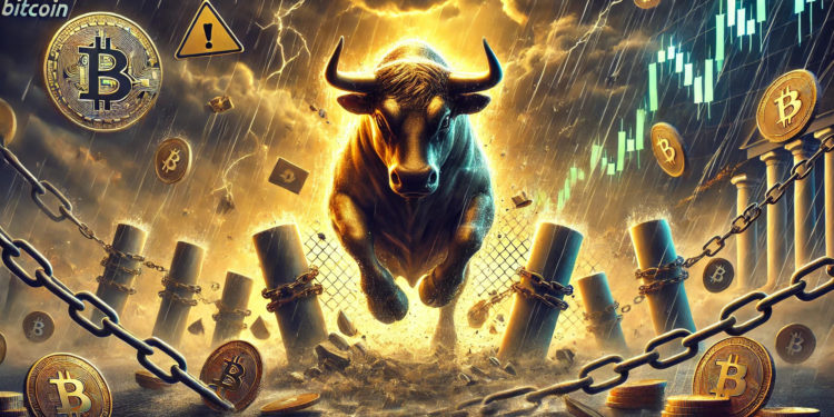 DALLE 2024-11-27 132149 - A dramatic image symbolizing Bitcoins bull market being hindered The scene features a powerful Bitcoin bull charging forward but being blocked by 1 | 動區動趨-最具影響力的區塊鏈新聞媒體 比特幣下殺9萬都是誰在賣?Glassnode:7.6~8.8萬美元是短期回測關鍵水平
