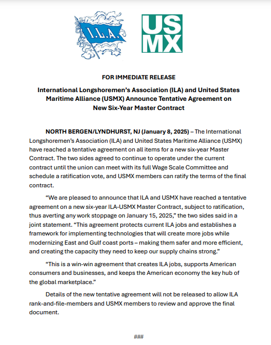美國港口罷工危機解除！碼頭工人未來六年加薪62%，全面自動化提議被排除