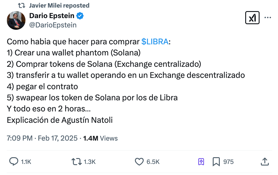 玩死你！阿根廷總統轉發$LIBRA購買教學急拉100%後撇清：「這不是推廣」價格跌回原點