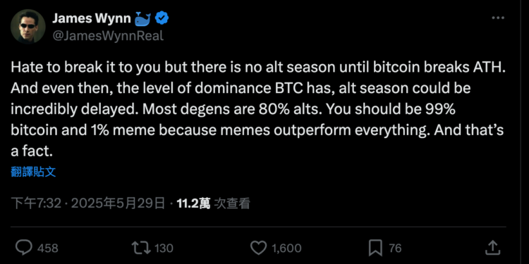 巨鯨 James Wynn 開空單喊「比特幣衝12萬美元」：應投資99%BTC、1%迷因幣