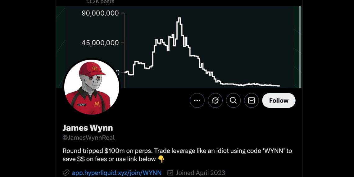 James Wynn 不演了？自稱瞎搞的白癡賭徒，1 億美元賠光後貼出 Hyperliquid 返佣連結
