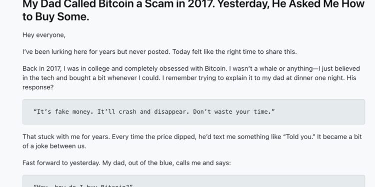 我爸在 2017 年說比特幣是騙局，昨天，他問我該怎麼買？
