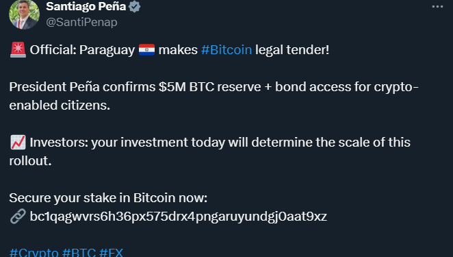 巴拉圭宣佈比特幣為法定貨幣是「假消息」，總統X帳號被盜 小心詐騙