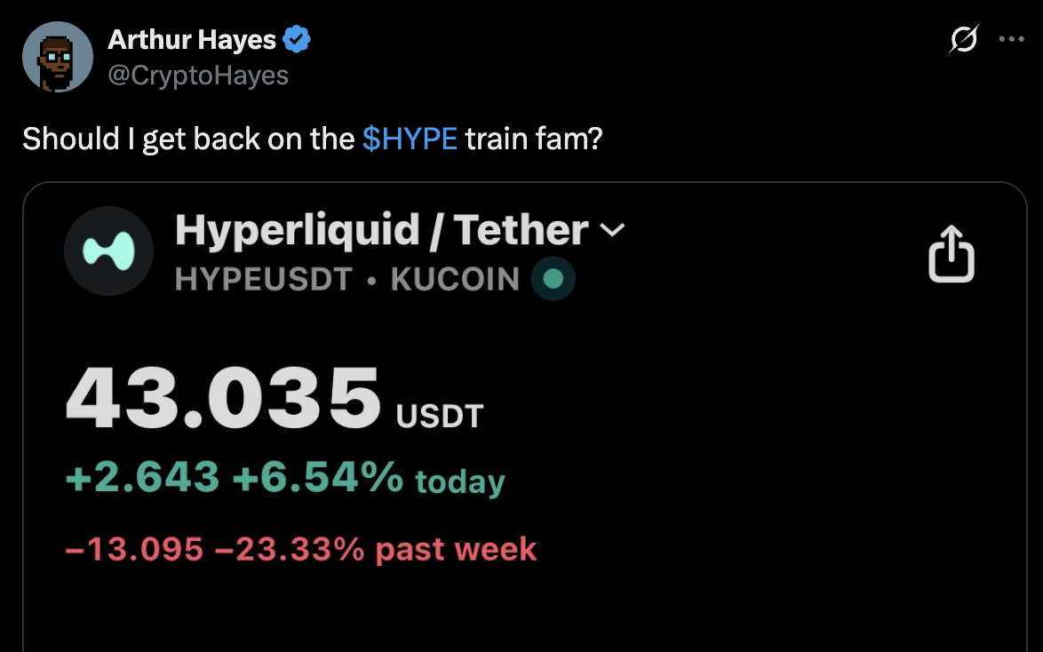 該禁Arthur Hayes 交易HYPE！社群提案：不能看他買下台法拉利| 動區動趨-最具影響力的區塊鏈新聞媒體