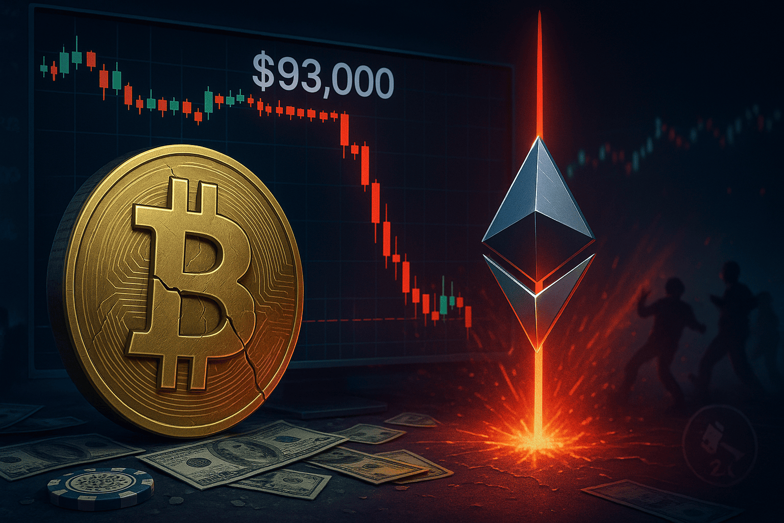 比特幣跌破93200美元，以太坊插針3000，多空雙殺、單日爆倉達6.3億鎂