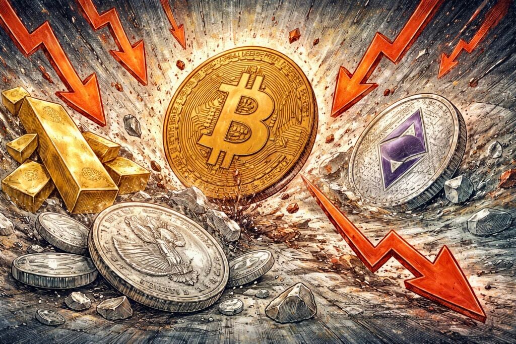 無差別拋售！白銀閃崩逾10%、黃金失守4600美元，比特幣重挫跌逼 6.9 萬美元大關