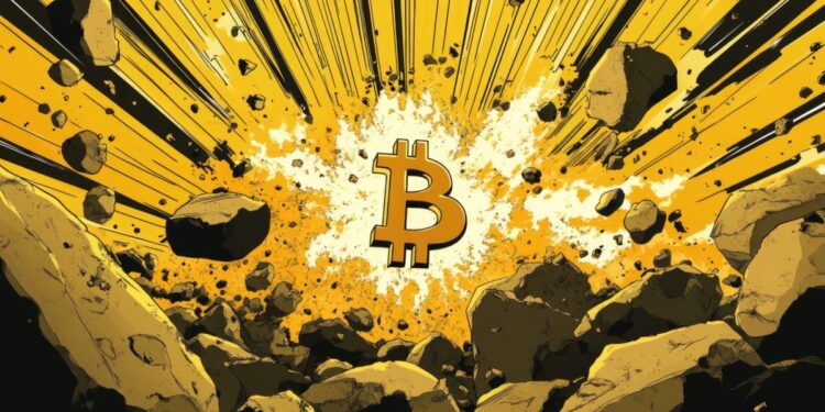 A bitcoin symbol explodes from a pile of rocks with a comic book style background of yellow lines radiating outwards | 動區動趨-最具影響力的區塊鏈新聞媒體 比特幣短線衝破 7.1 萬美元、以太坊逼近 2100 美元!10 萬人慘遭爆倉
