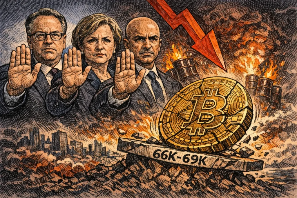 比特幣插針 66,000 美元橫盤苦撐,聯準會三官員齊警告:伊朗戰爭讓降息更遙遠