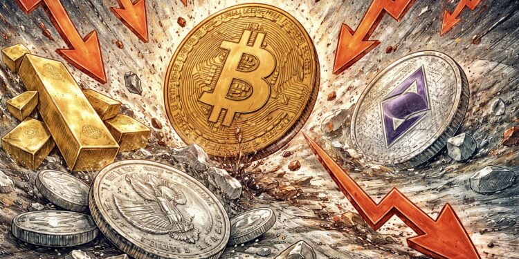 無差別拋售！白銀閃崩逾10%、黃金失守4600美元，比特幣重挫跌逼 6.9 萬美元大關