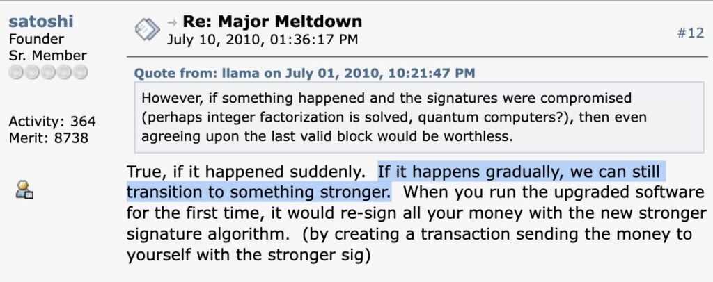 中本聰 2010 年談量子電腦：若漸進發展，比特幣可過渡到更強密碼學