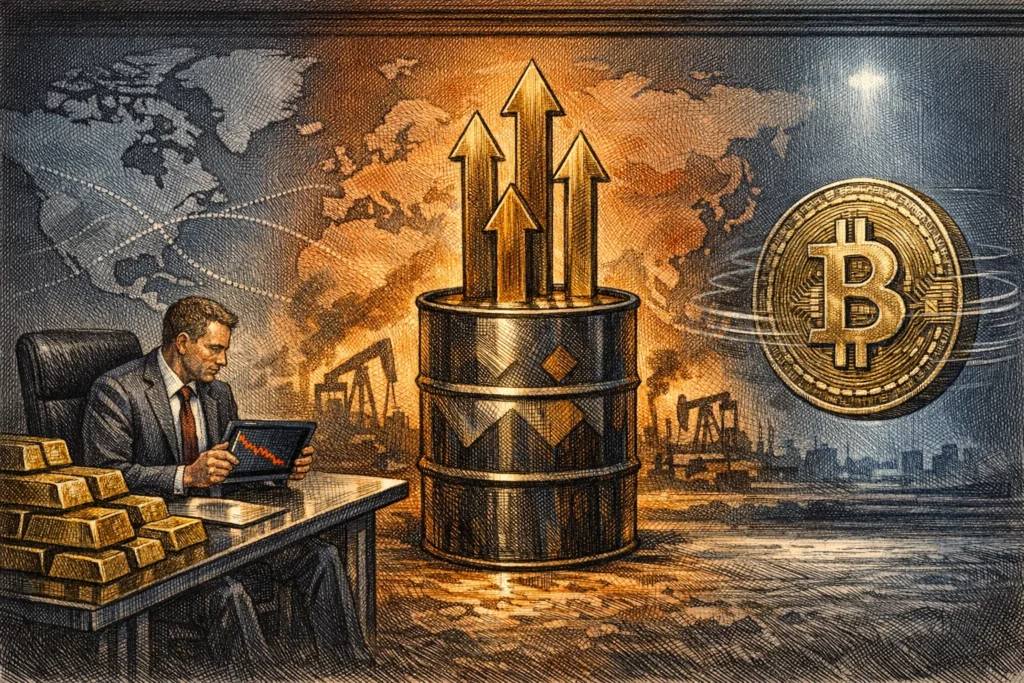 3資產糾結》黃金月跌 9%、石油月飆 41%、比特幣 6.6-6.7 萬鎂橫盤