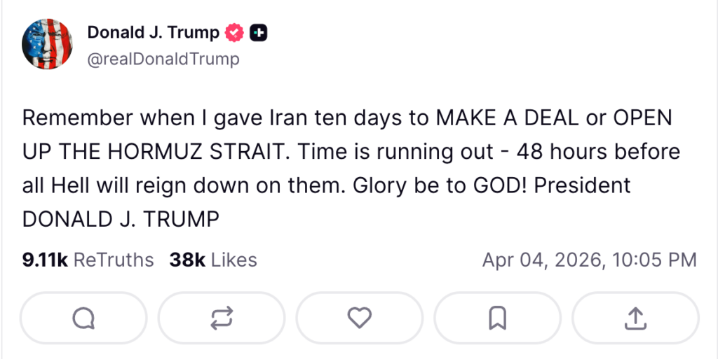 川普警告伊朗「地獄將降臨」下 48 小時最後通牒:談和或開放荷姆茲海峽