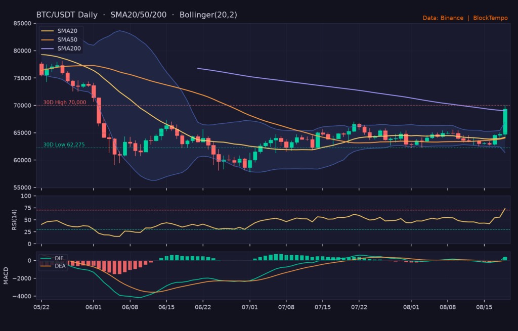 BTC/USDT 日線技術分析(SMA/布林/RSI/MACD)|Binance