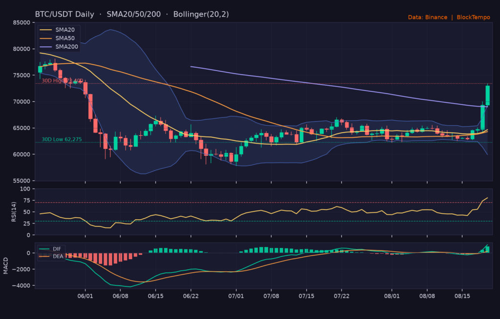 BTC/USDT 日線技術分析(SMA/布林/RSI/MACD)|Binance