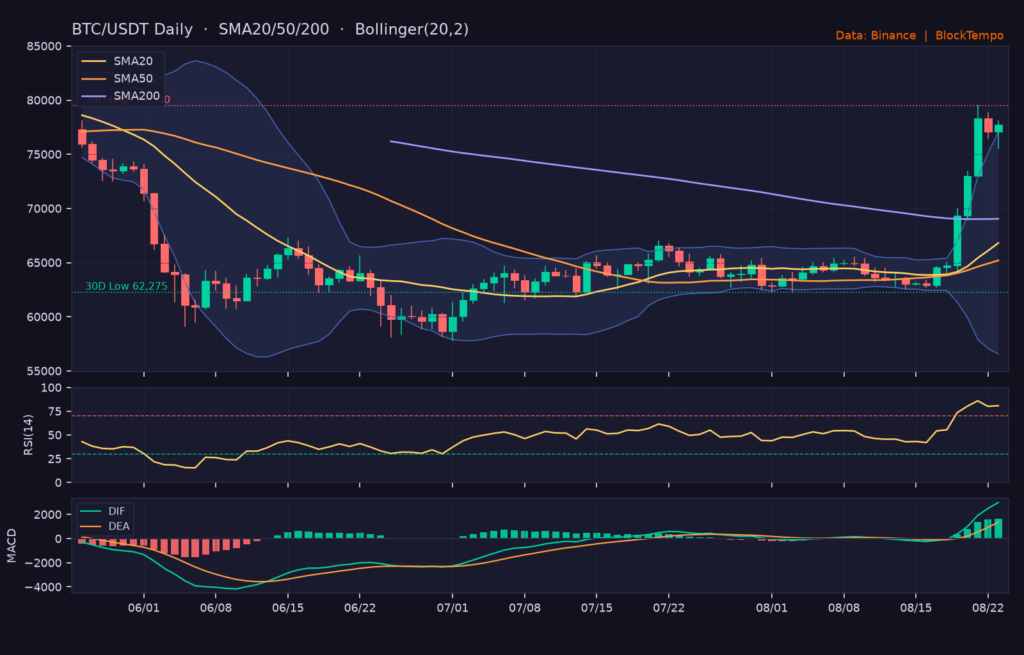BTC/USDT 日線技術分析(SMA/布林/RSI/MACD)|Binance