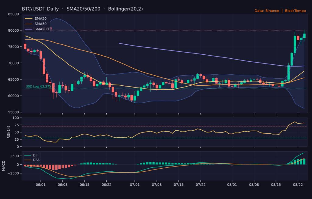 BTC/USDT 日線技術分析(SMA/布林/RSI/MACD)|Binance