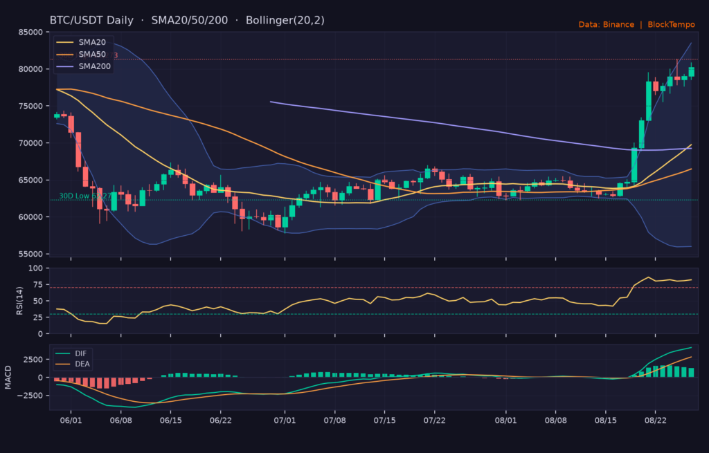 BTC/USDT 日線技術分析(SMA/布林/RSI/MACD)|Binance