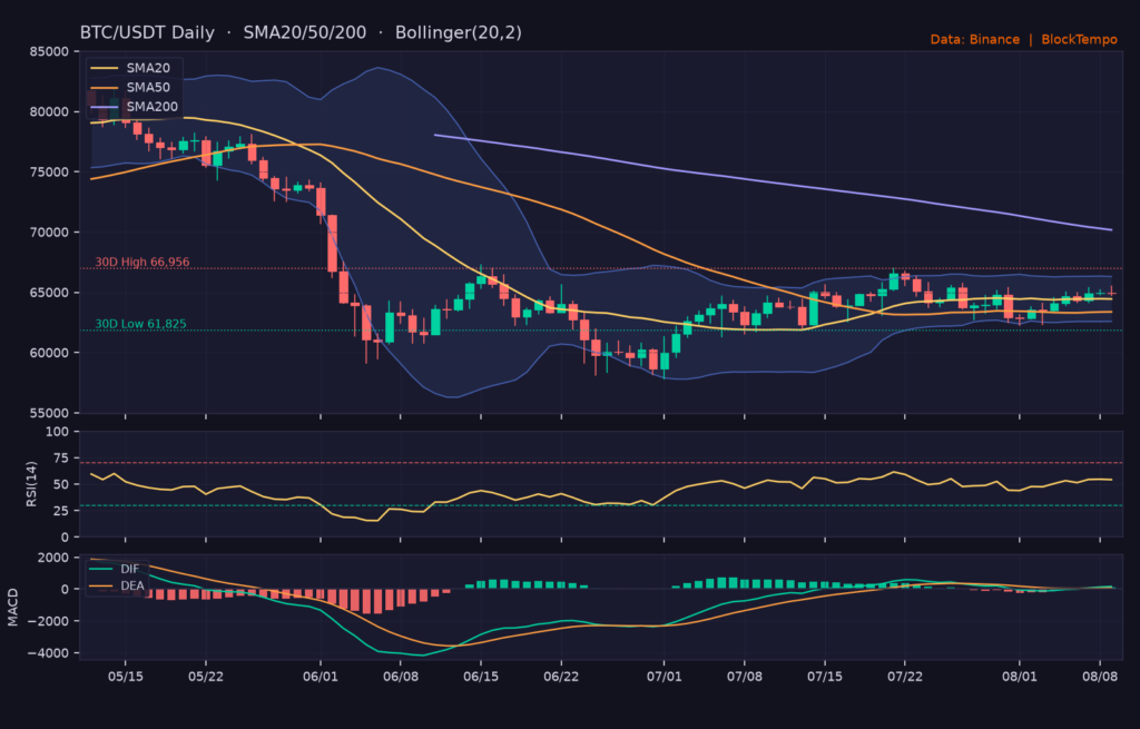 BTC/USDT 日線技術分析（SMA/布林/RSI/MACD）｜Binance