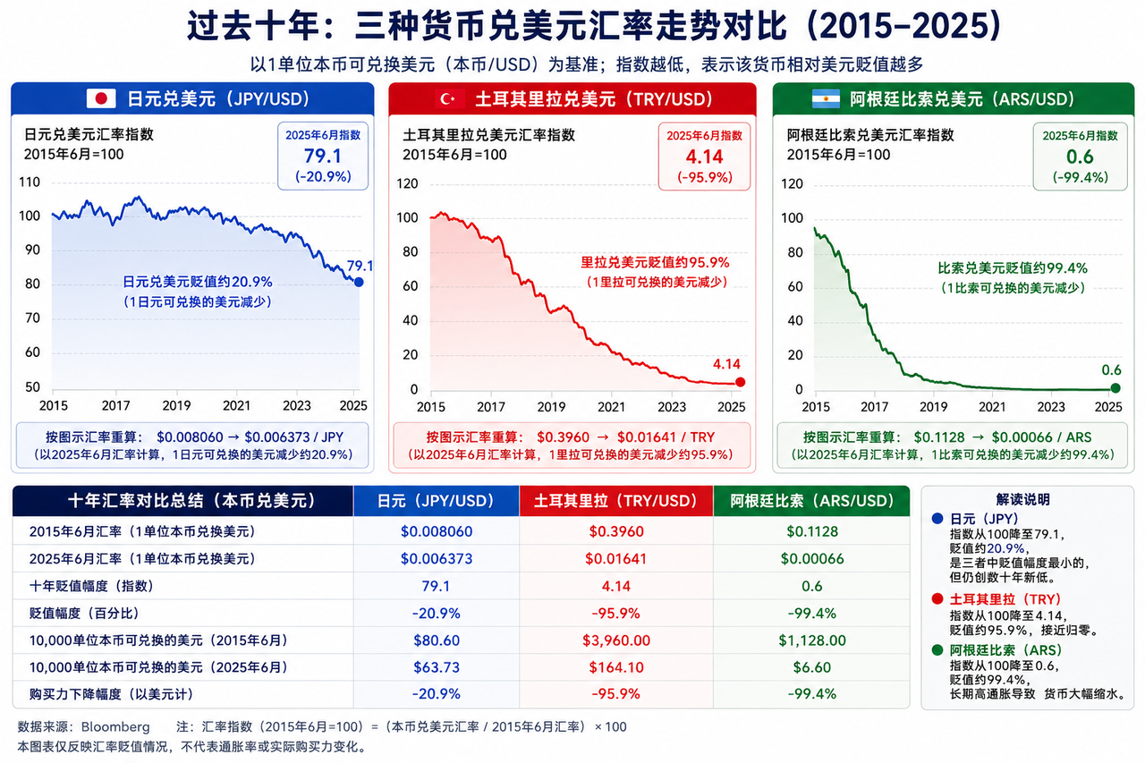 過去十年：日圓、土耳其里拉、阿根廷比索兌美元匯率走勢對比（2015-2025）