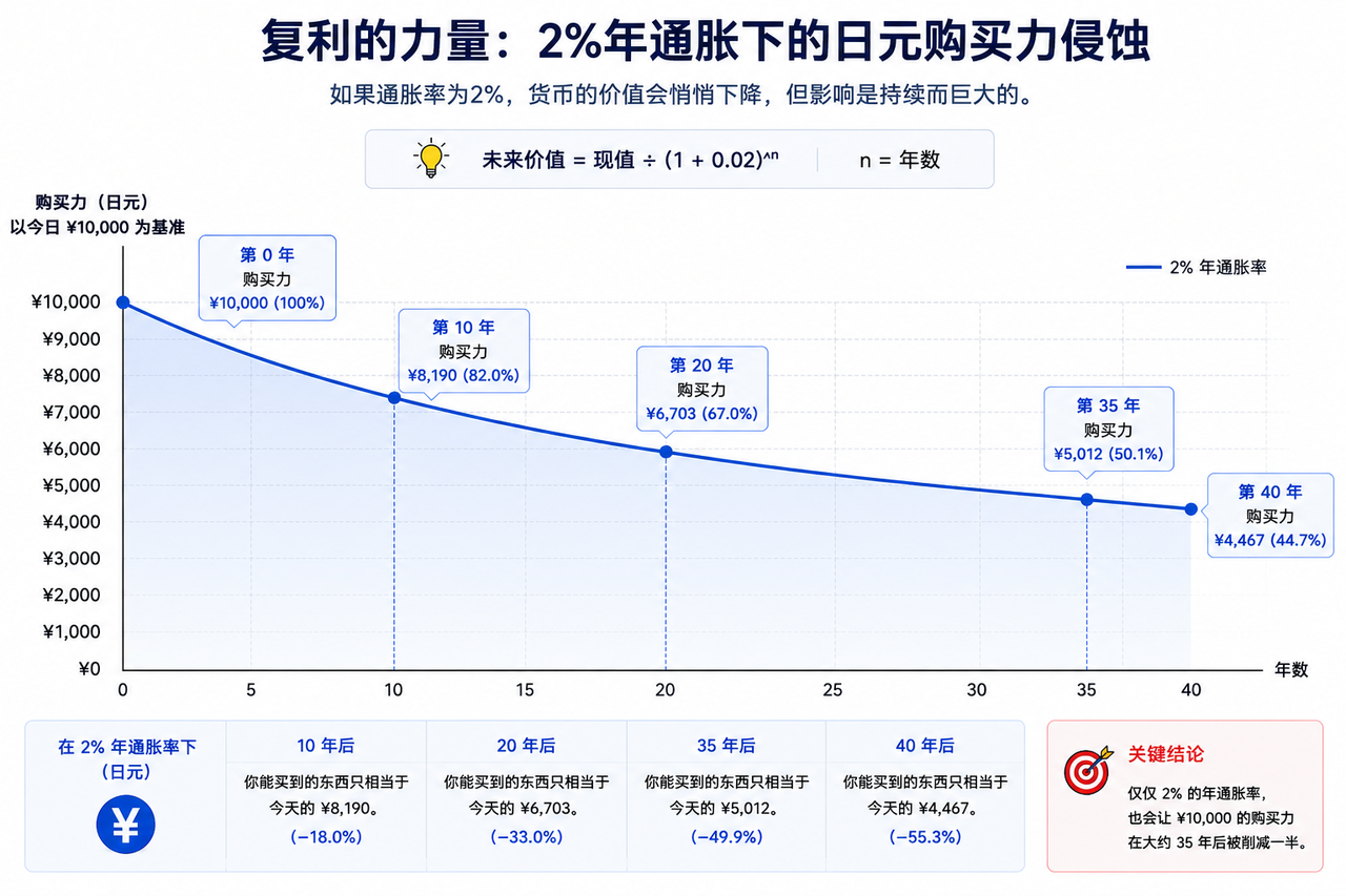 複利的力量：2% 年通膨下的購買力侵蝕