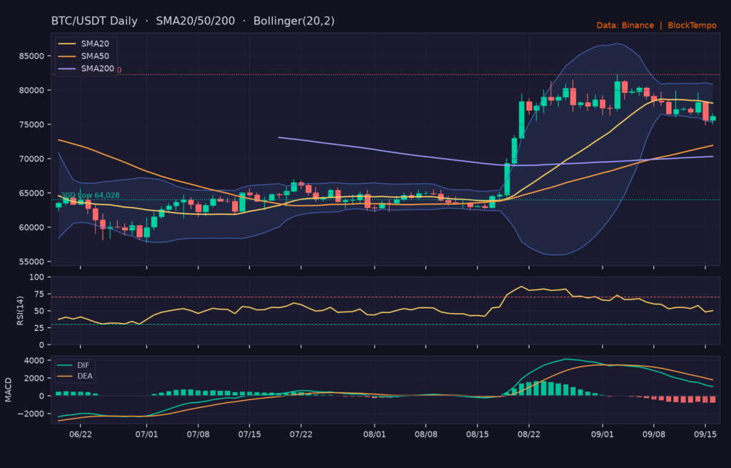 BTC/USDT 日線技術分析(SMA/布林/RSI/MACD)|Binance