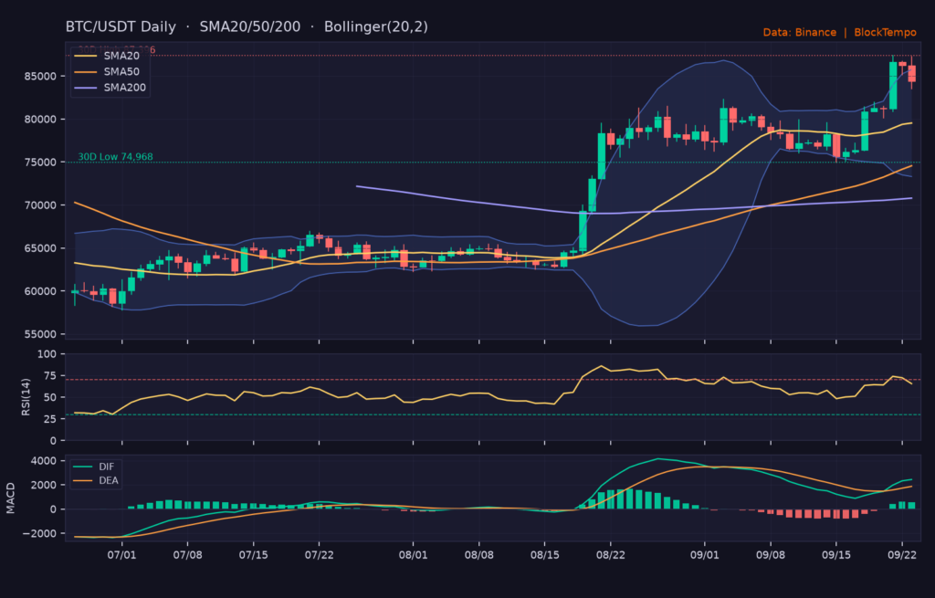 BTC/USDT 日線技術分析(SMA/布林/RSI/MACD)|Binance