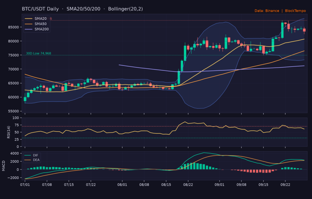 BTC/USDT 日線技術分析(SMA/布林/RSI/MACD)|Binance