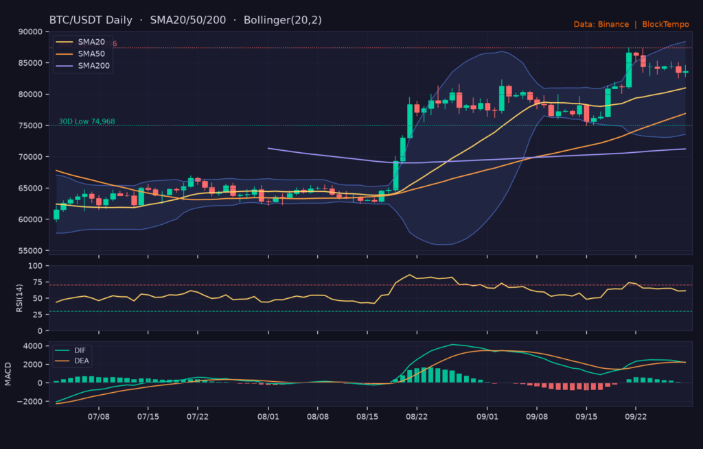 BTC/USDT 日線技術分析(SMA/布林/RSI/MACD)|Binance