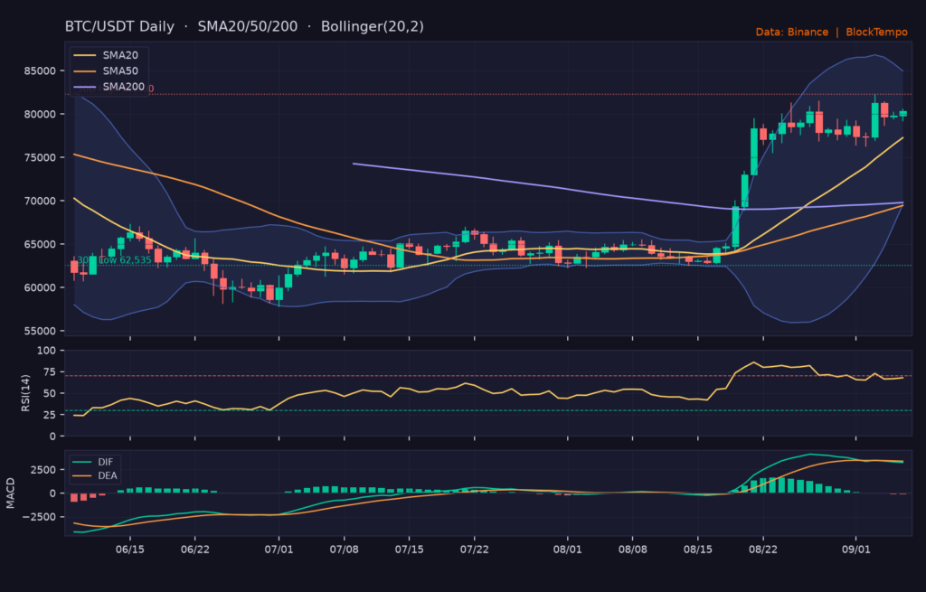 BTC/USDT 日線技術分析(SMA/布林/RSI/MACD)|Binance