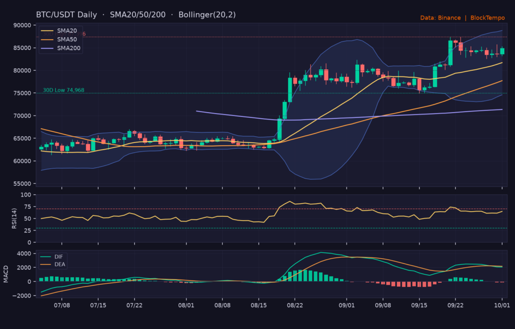 BTC/USDT 日線技術分析(SMA/布林/RSI/MACD)|Binance