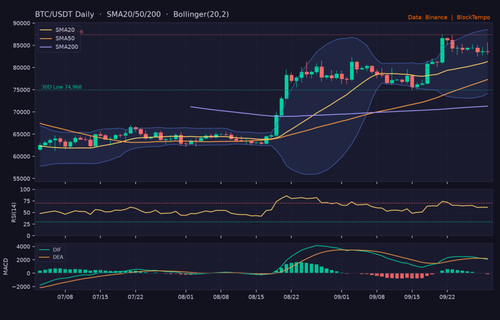 BTC/USDT 日線技術分析(SMA/布林/RSI/MACD)|Binance