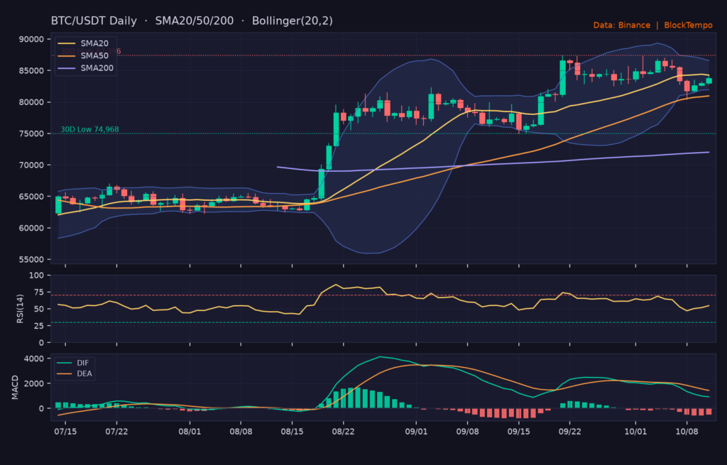 BTC/USDT 日線技術分析（SMA/布林/RSI/MACD）｜Binance