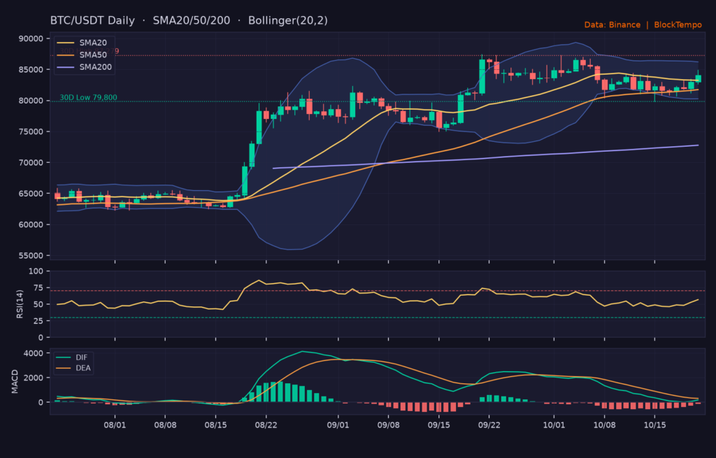 BTC/USDT 日線技術分析（SMA/布林/RSI/MACD）｜Binance