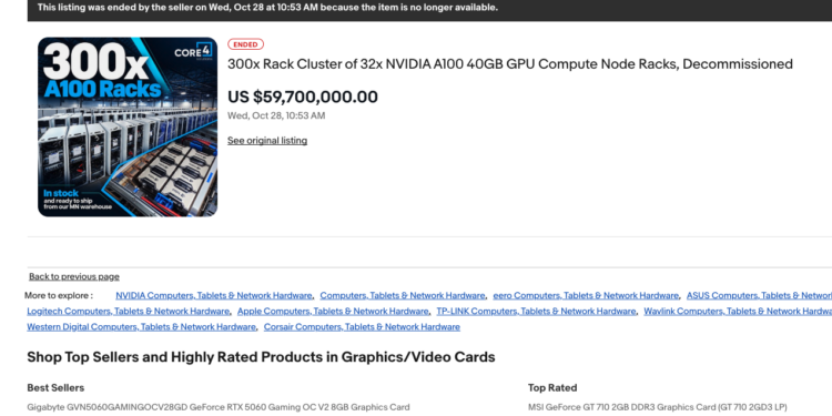 真什麼都賣！eBay 驚見整座 AI 超級電腦：9,600 張輝達 A100 開價 5,970 萬美元免運