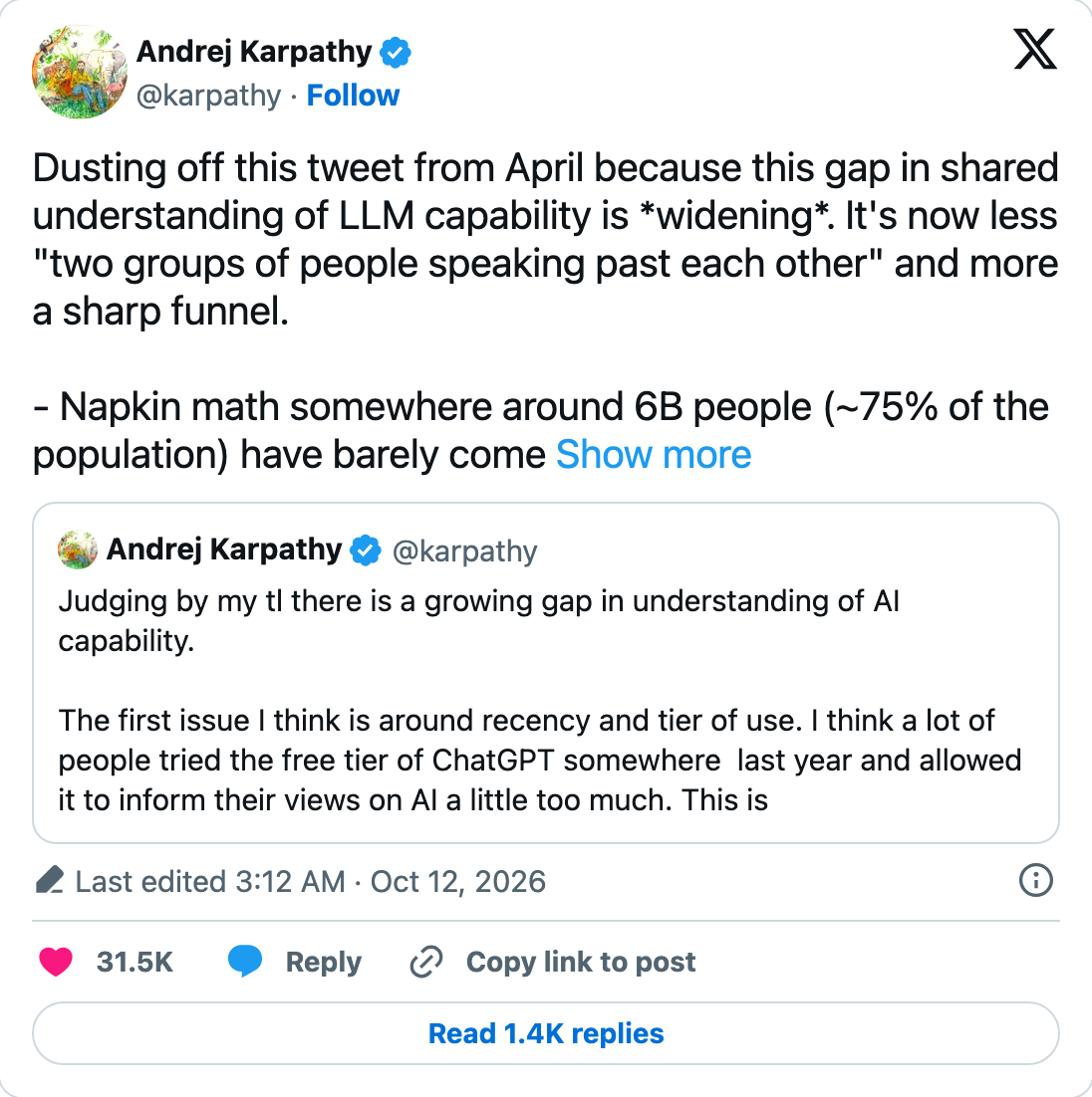 Andrej Karpathy 10 月 12 日 X 貼文:AI 能力認知落差已成陡峭漏斗