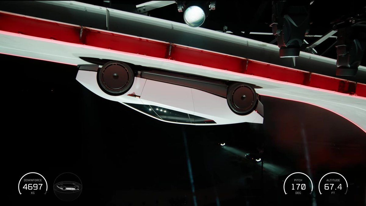 tesla-roadster-upside-down-ramp | 動區動趨-最具影響力的區塊鏈新聞媒體 特斯拉 Roadster 倒吊在彎道頂端,畫面讀數顯示仰角 170 度、高度 67.4 英尺