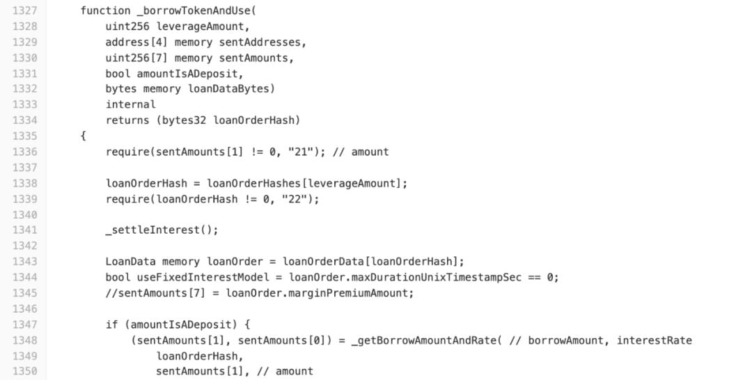 marginTradeFromDeposit( ) 調用_borrowTokenAndUse( )，此處由於是以存入的資產作槓桿交易